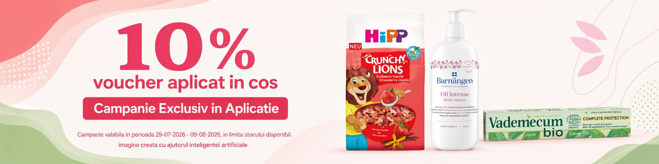Promotie cu 10% voucher aplicat in cos la Hipp, Vademecum si Bernangen Exclusiv in Aplicatie