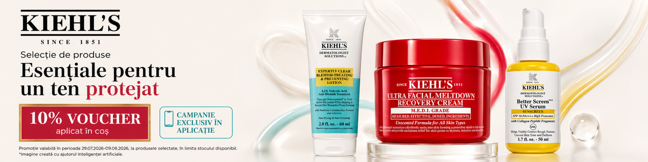 Promotie cu 10% voucher aplicat in cos la Kiehls Exclusiv in Aplicatie