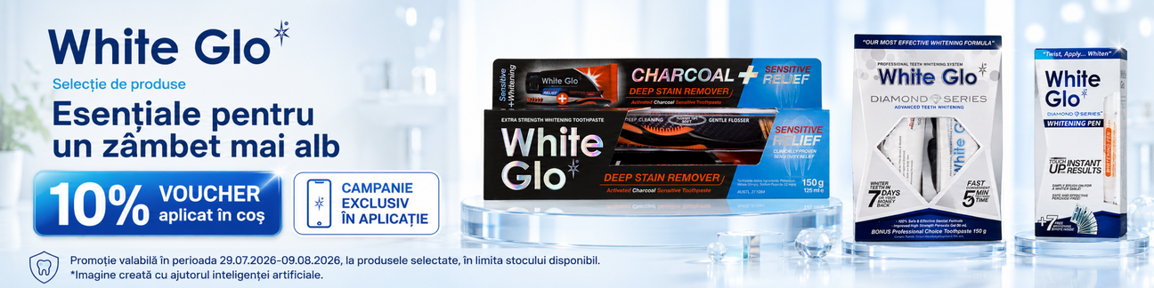 Promotie cu 10% voucher aplicat in cos la White Glo Exclusiv in Aplicatie
