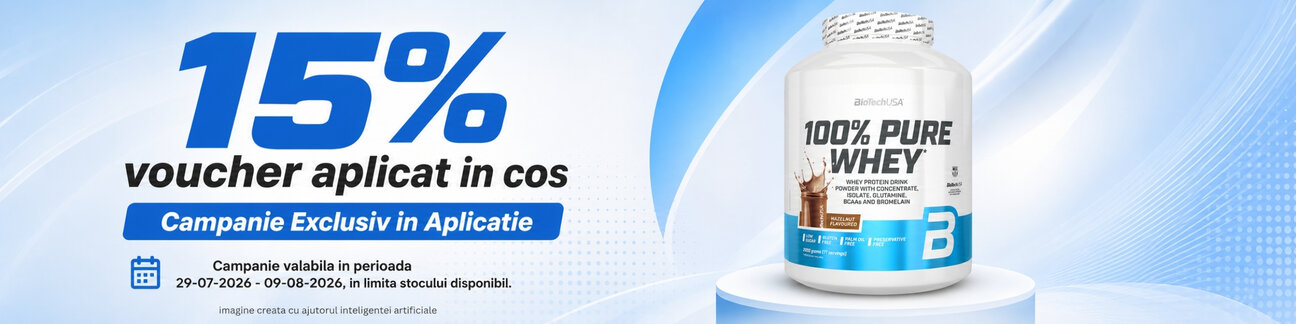 Promotie cu 15% voucher aplicat in cos la Biotechusa Exclusiv in Aplicatie