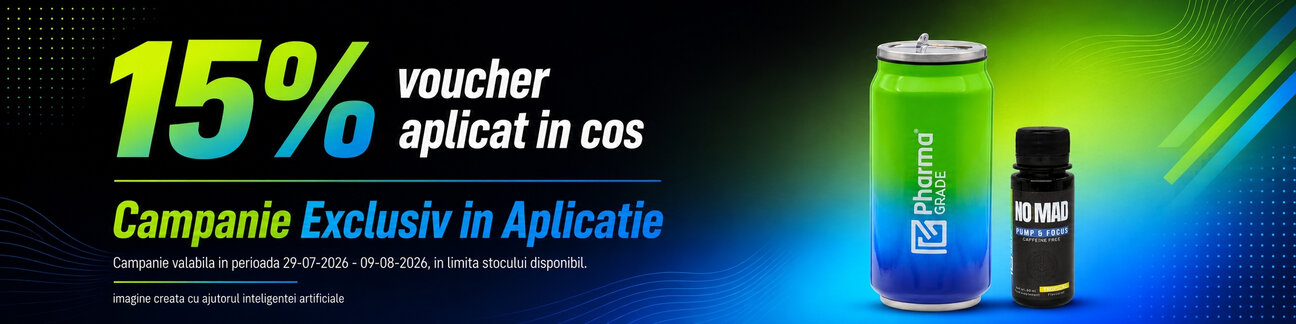Promotie cu 15% voucher aplicat in cos la Pharma Grade Exclusiv in Aplicatie