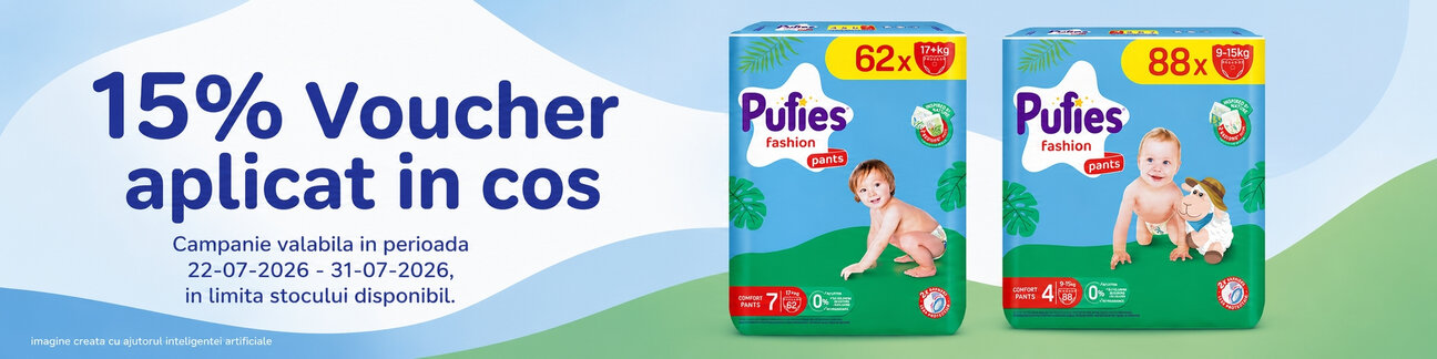 Promotie cu 15% voucher aplicat in cos la Pufies