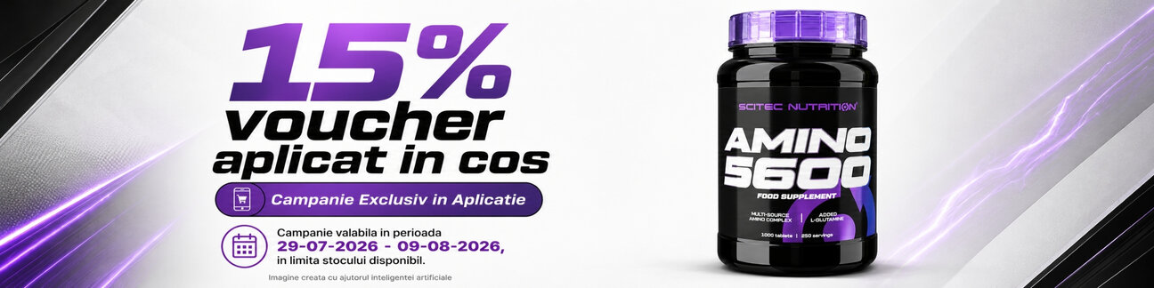 Promotie cu 15% voucher aplicat in cos la Scitec Nutrition Exclusiv in Aplicatie