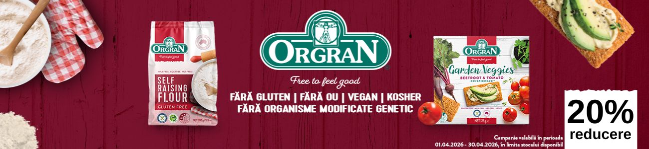Promotie cu 20% reducere la Orgran Paine Uscata cu sfleca si rosii si Faina cu praf de copt fara gluten