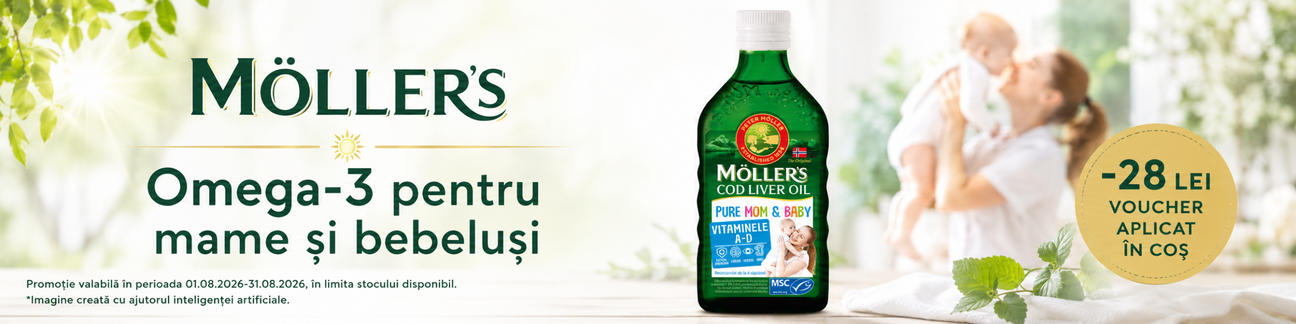Promotie cu 28 lei voucher aplicat in cos la Mollers Ulei din ficat de cod Pure Mom & Baby
