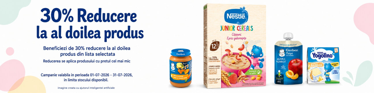 Promotie cu 30% reducere la al doilea produs Nestle, Gerber si Yogolino