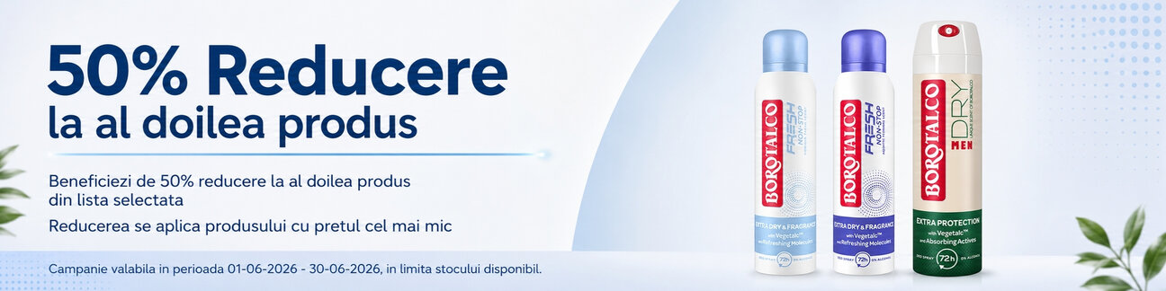 Promotie cu 50% reducere la al doilea produs Borotalco