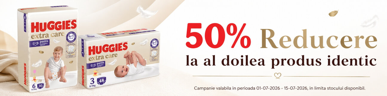 Promotie cu 50% reducere la al doilea produs identic Huggies