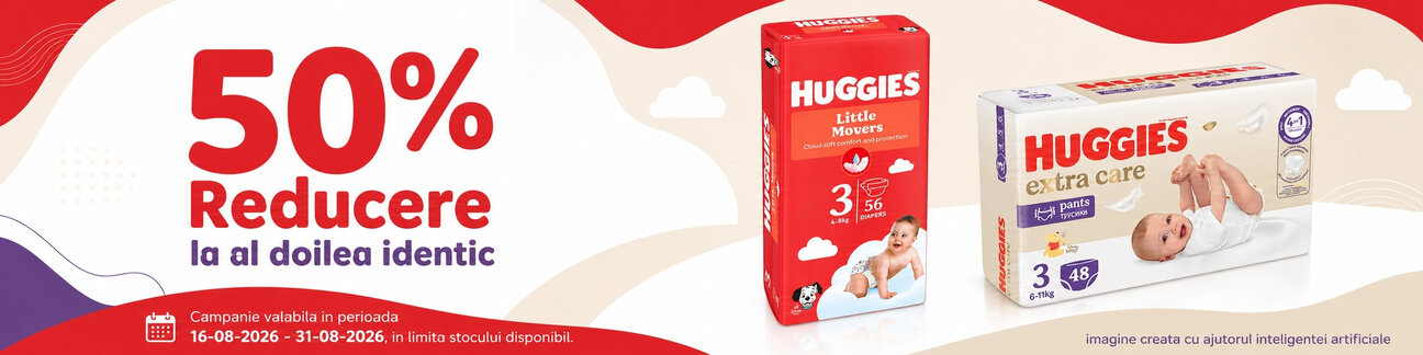Promotie cu 50% reducere la al doilea produs identic Huggies