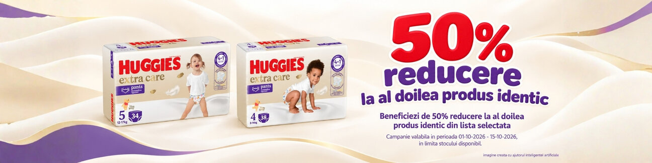 Promotie cu 50% reducere la al doilea produs identic Huggies