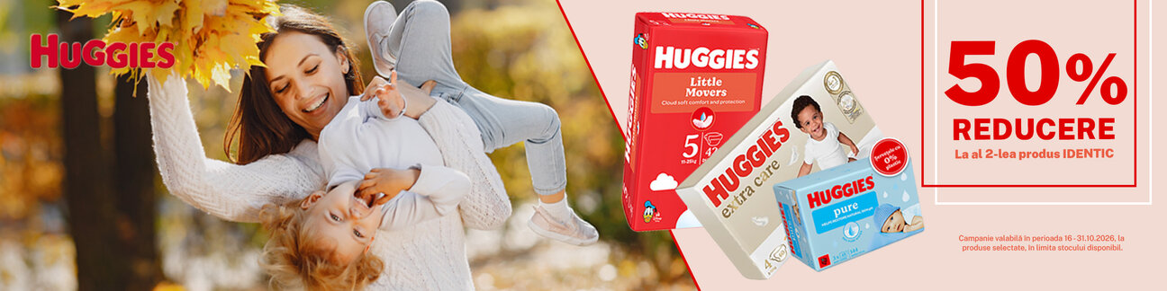 Promotie cu 50% reducere la al doilea produs identic Huggies