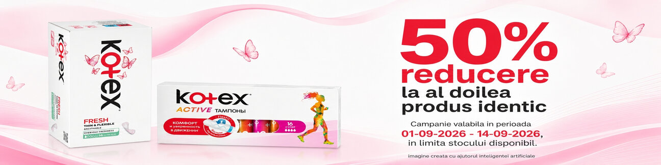 Promotie cu 50% reducere la al doilea produs identic Kotex