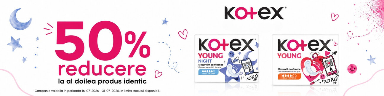 Promotie cu 50% reducere la al doilea produs identic Kotex
