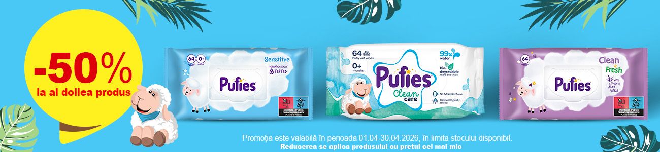 Promotie cu 50% reducere la al doilea produs Pufies