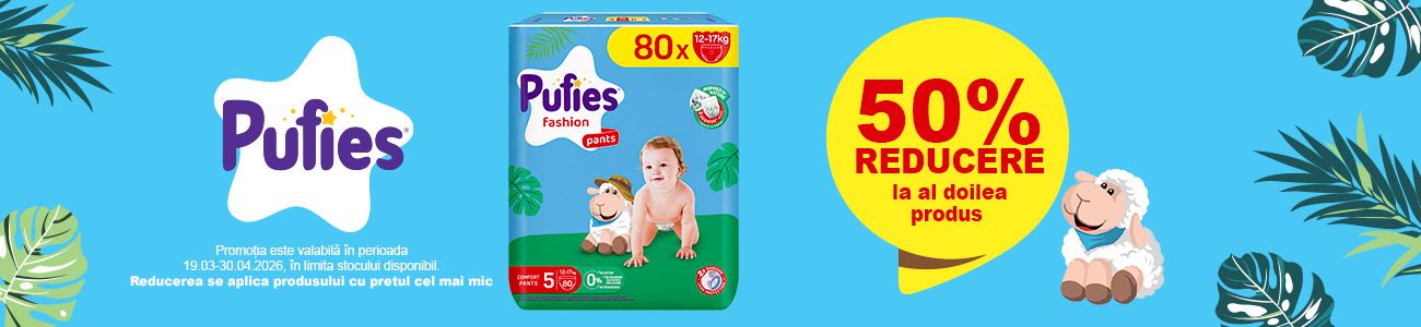 Promotie cu 50% reducere la al doilea produs Pufies