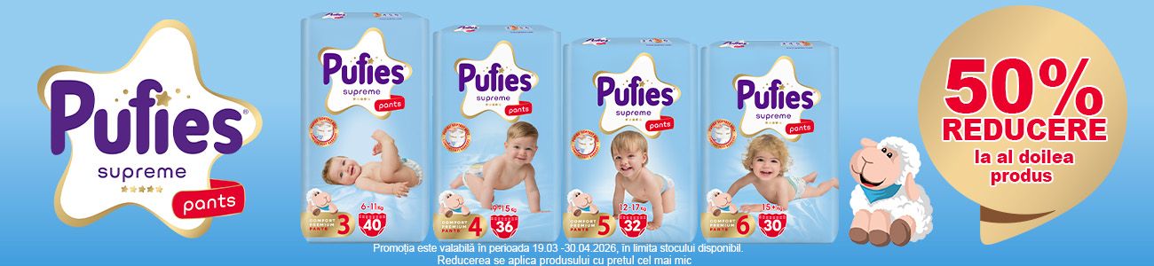Promotie cu 50% reducere la al doilea produs Pufies