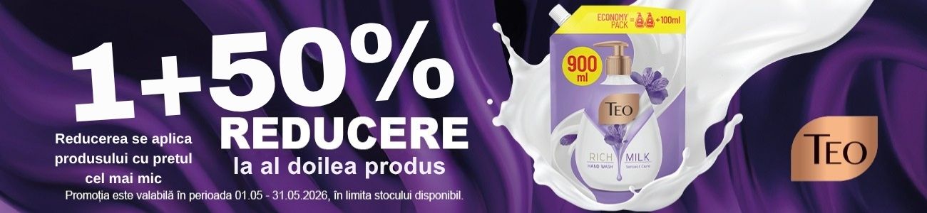 Promotie cu 50% reducere la al doilea produs Teo