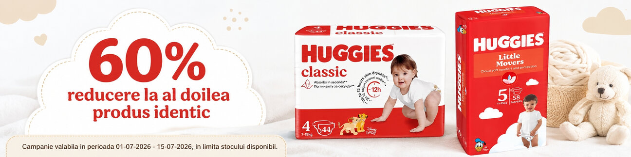 Promotie cu 60% reducere la al doilea produs identic Huggies