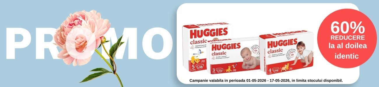 Promotie cu 60% reducere la al doilea produs identic Huggies