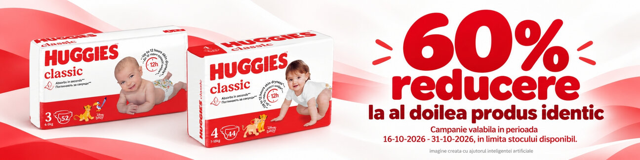Promotie cu 60% reducere la al doilea produs identic Huggies