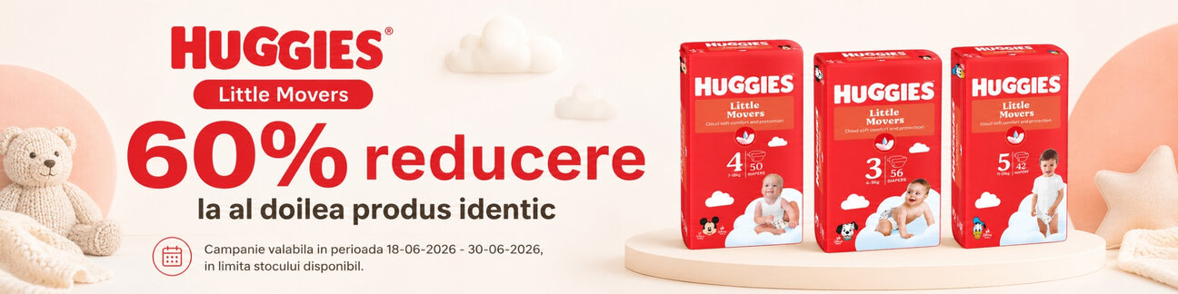 Promotie cu 60% reducere la al doilea produs identic Huggies
