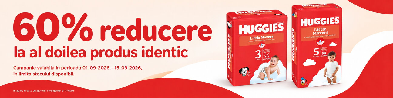 Promotie cu 60% reducere la al doilea produs identic Huggies