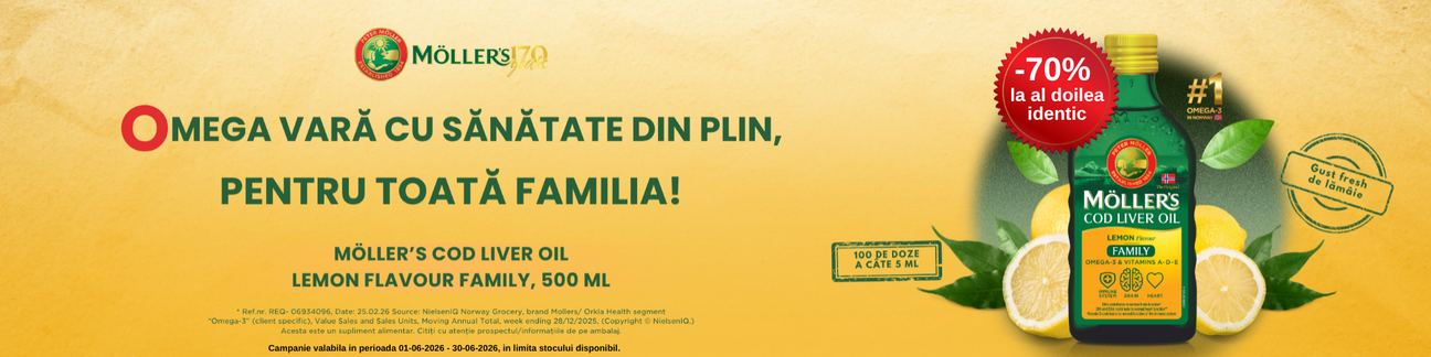 Promotie cu 70% reducere la al doilea produs IDENTIC la Mollers Cod Liver Oil lamaie 500 ml