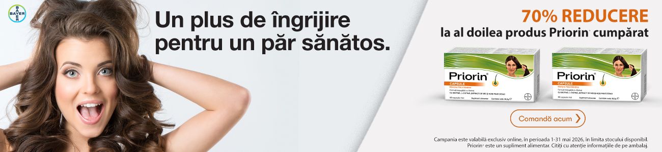 Promotie cu 70% reducere la al doilea produs Priorin cu Biotina Bayer