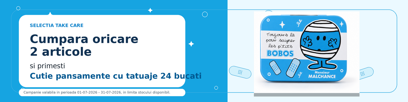 Promotie cu produs promotional Take Care Cutie Pansamente cu tatuaje 24 bucati