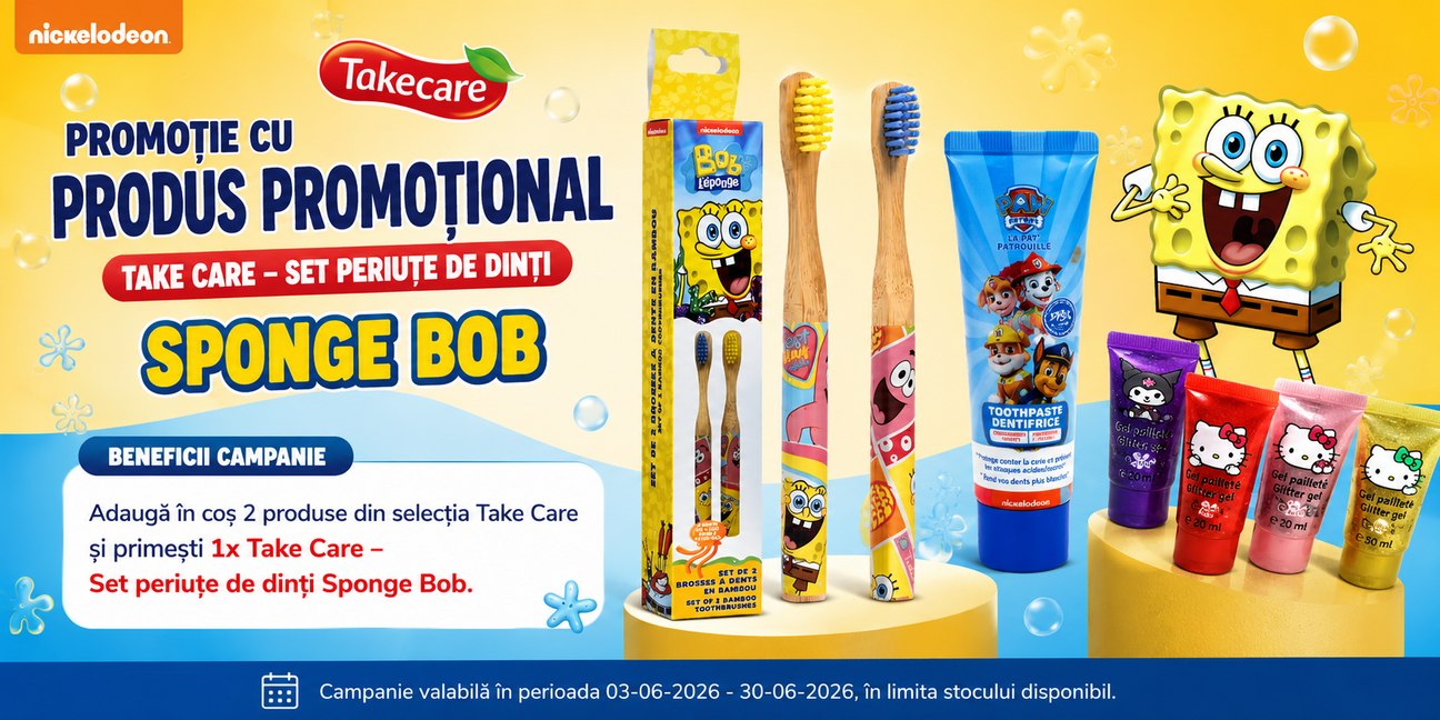 Promotie cu produs promotional Take Care - Set periute de dinti Sponge Bob