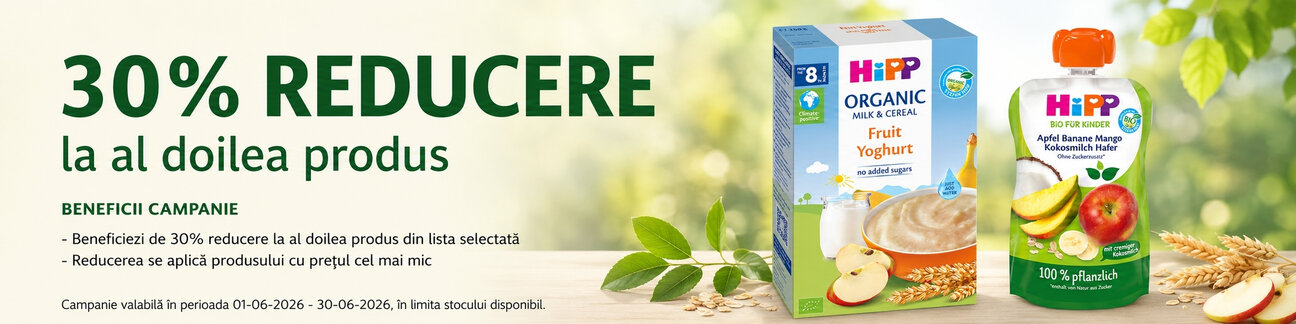 Promotie cu reducere 30% la al doilea produs Hipp