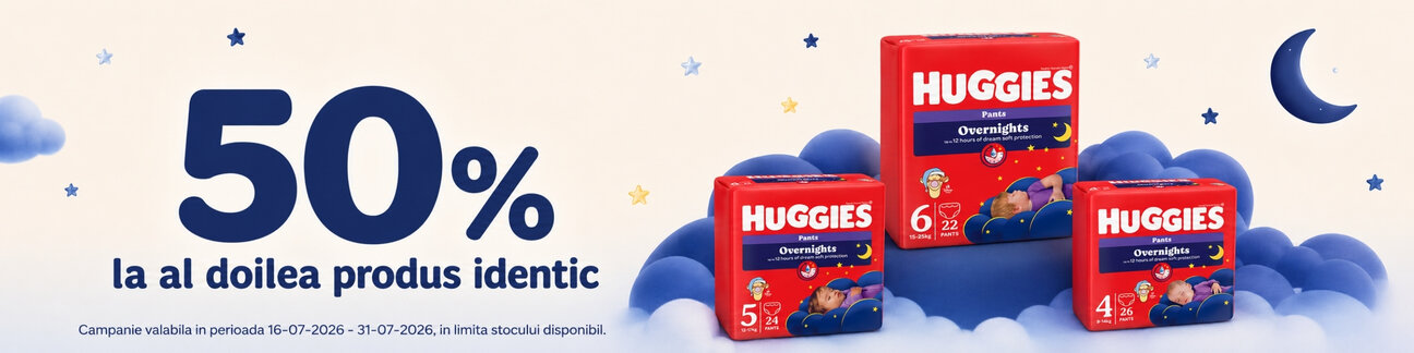 Promotie cu reducere 50% la al doilea produs identic Huggies