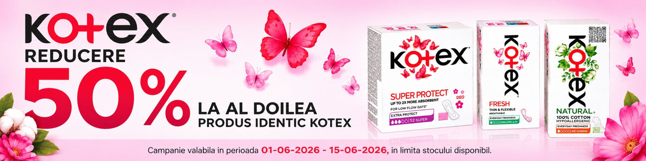 Promotie cu reducere 50% la al doilea produs identic Kotex