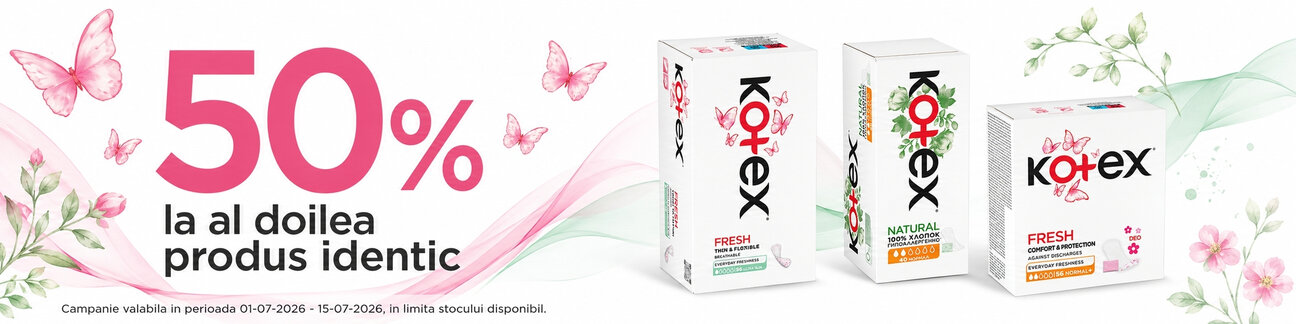 Promotie cu reducere 50% la al doilea produs identic Kotex