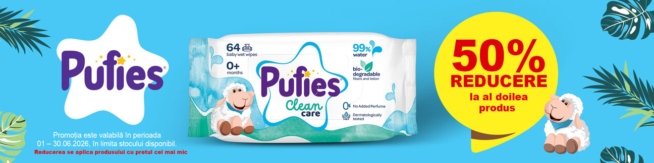 Promotie cu reducere 50% la al doilea produs Pufies