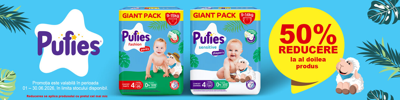 Promotie cu reducere 50% la al doilea produs Pufies