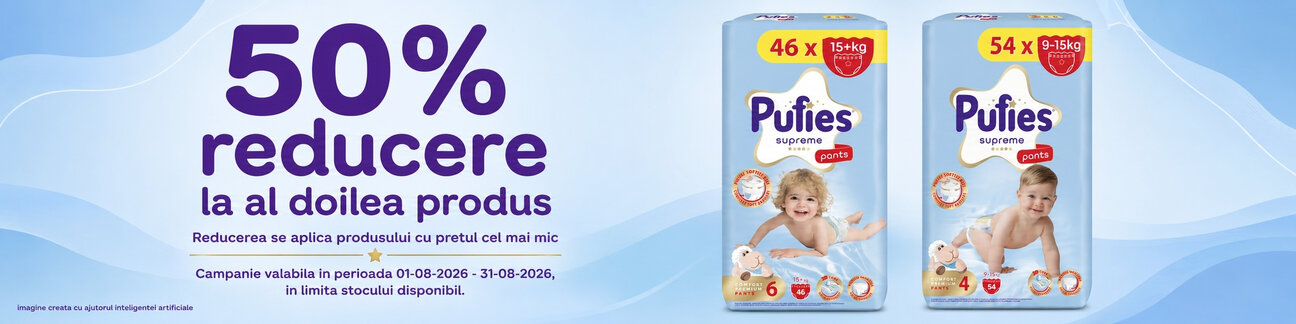 Promotie cu reducere 50% la al doilea produs Pufies