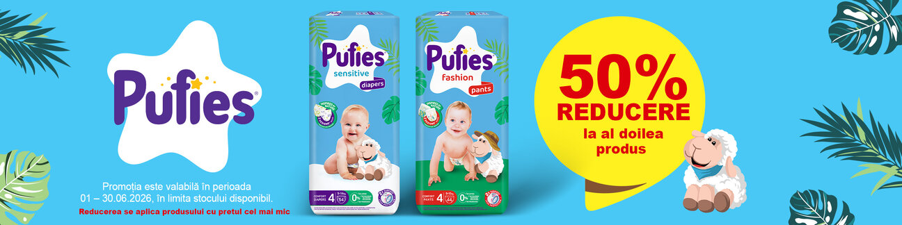 Promotie cu reducere 50% la al doilea produs Pufies