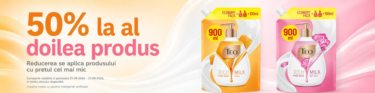 Promotie cu reducere 50% la al doilea produs Teo