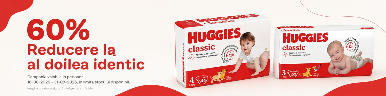 Promotie cu reducere 60% la al doilea produs Huggies identic