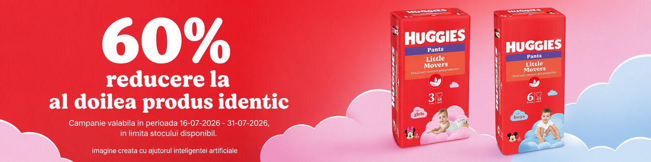 Promotie cu reducere 60% la al doilea produs Huggies identic
