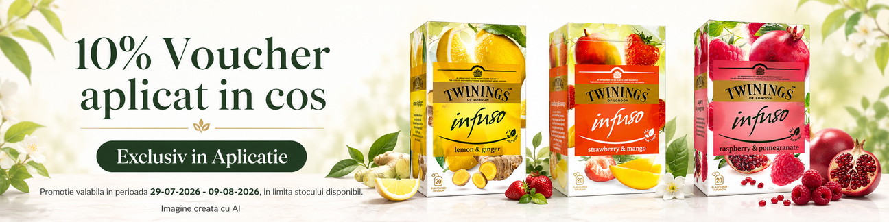 Promotie cu voucher 10% aplicat in cos la Twinings Exclusiv in Aplicatie