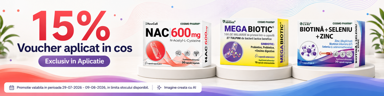 Promotie cu voucher 15% aplicat in cos la Cosmopharm Exclusiv in Aplicatie