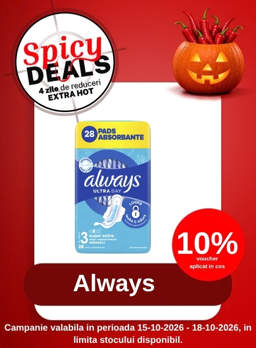 Promotie cu 10% voucher aplicat in cos la Always - Spicy Deals