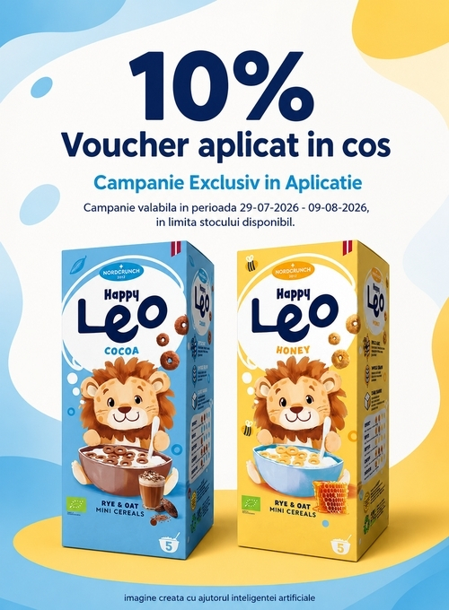 Promotie cu 10% voucher aplicat in cos la Happy Leo Exclusiv in Aplicatie