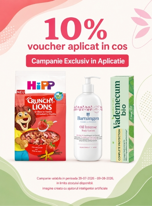 Promotie cu 10% voucher aplicat in cos la Hipp, Vademecum si Bernangen Exclusiv in Aplicatie