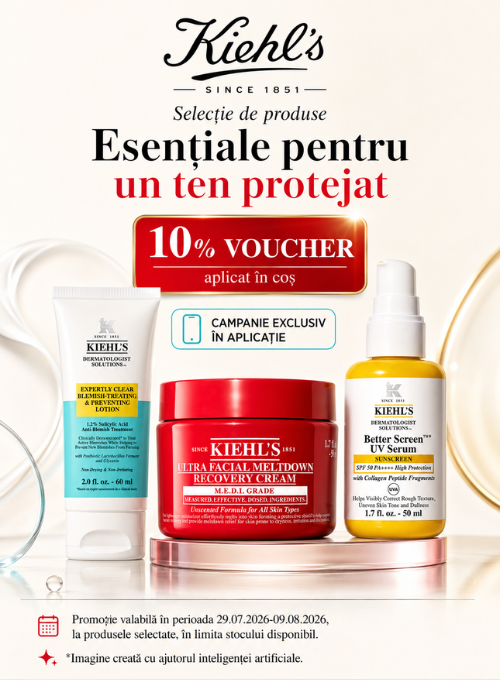 Promotie cu 10% voucher aplicat in cos la Kiehls Exclusiv in Aplicatie