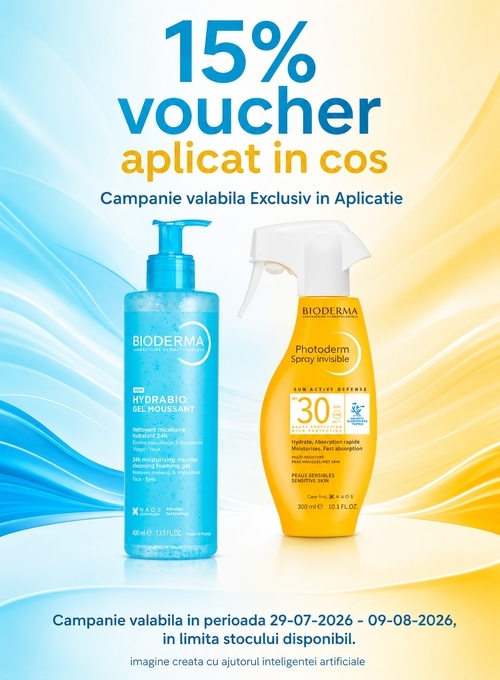 Promotie cu 15% voucher aplicat in cos la Bioderma Exclusiv in Aplicatie