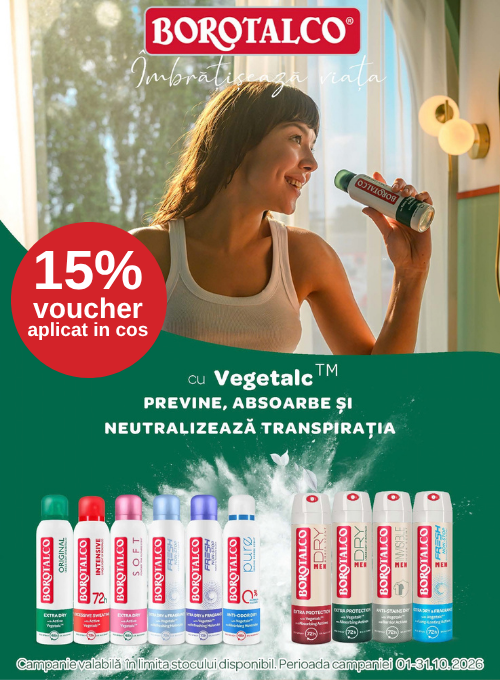 Promotie cu 15% voucher aplicat in cos la Borotalco