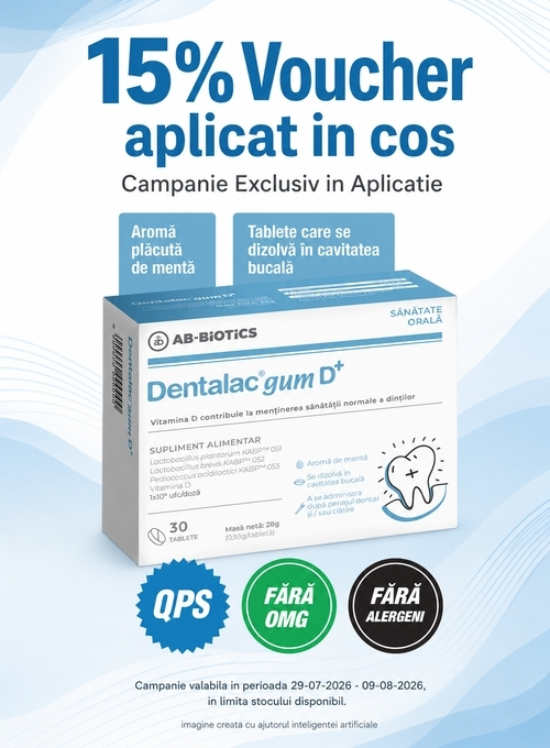 Promotie cu 15% voucher aplicat in cos la Dentalac Gum Exclusiv in Aplicatie